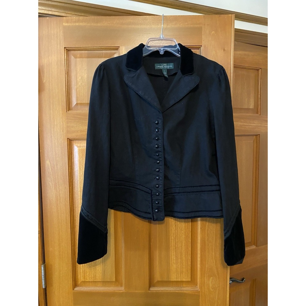 Lauren Ralph Lauren LRL Black Denim Jacket Velvet Button Onyx Sz Large Horse